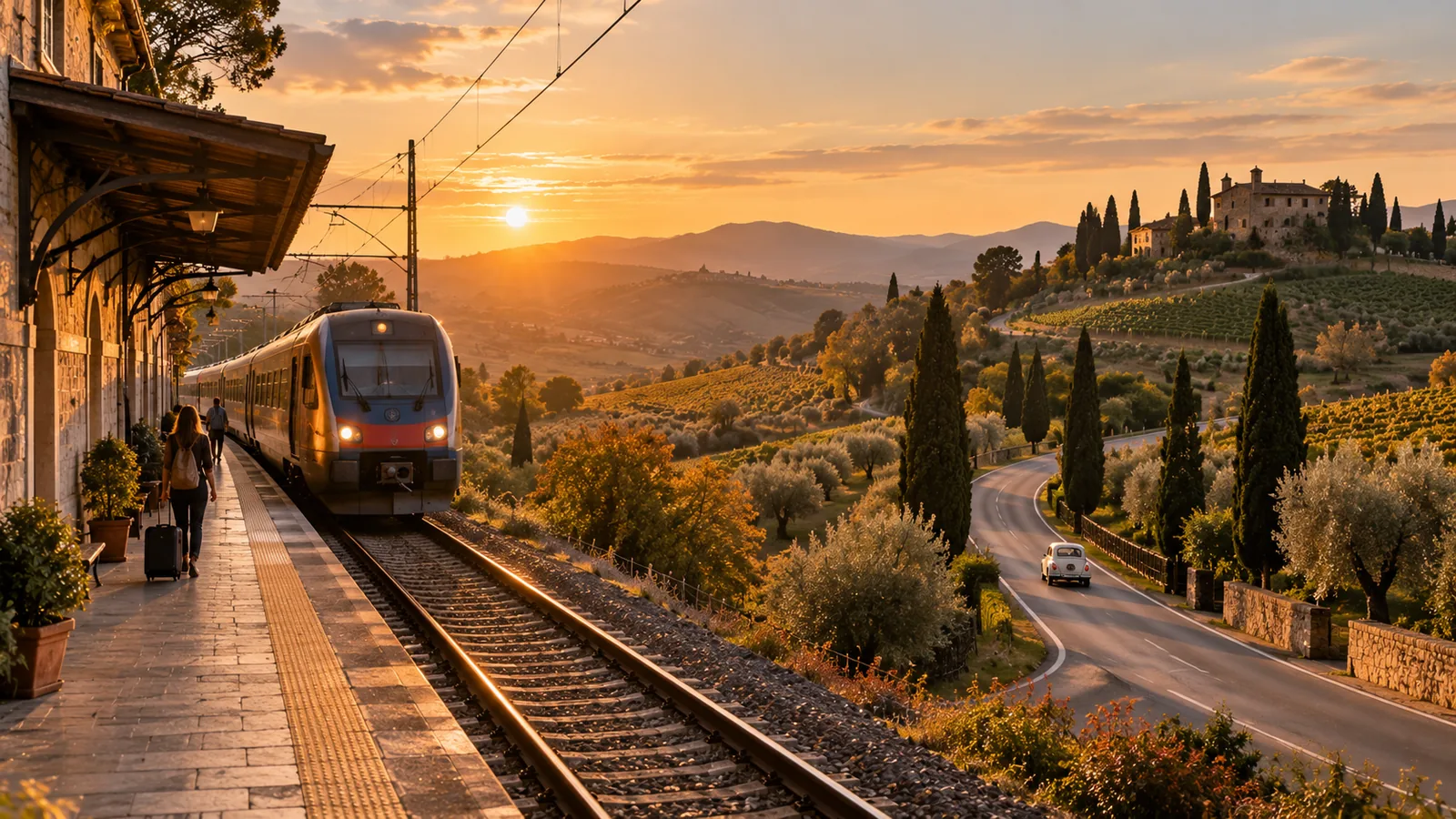 Traveller with a suitcase on a small country station platform as a train pulls in, beside a road winding through vineyards and cypress trees at sunset