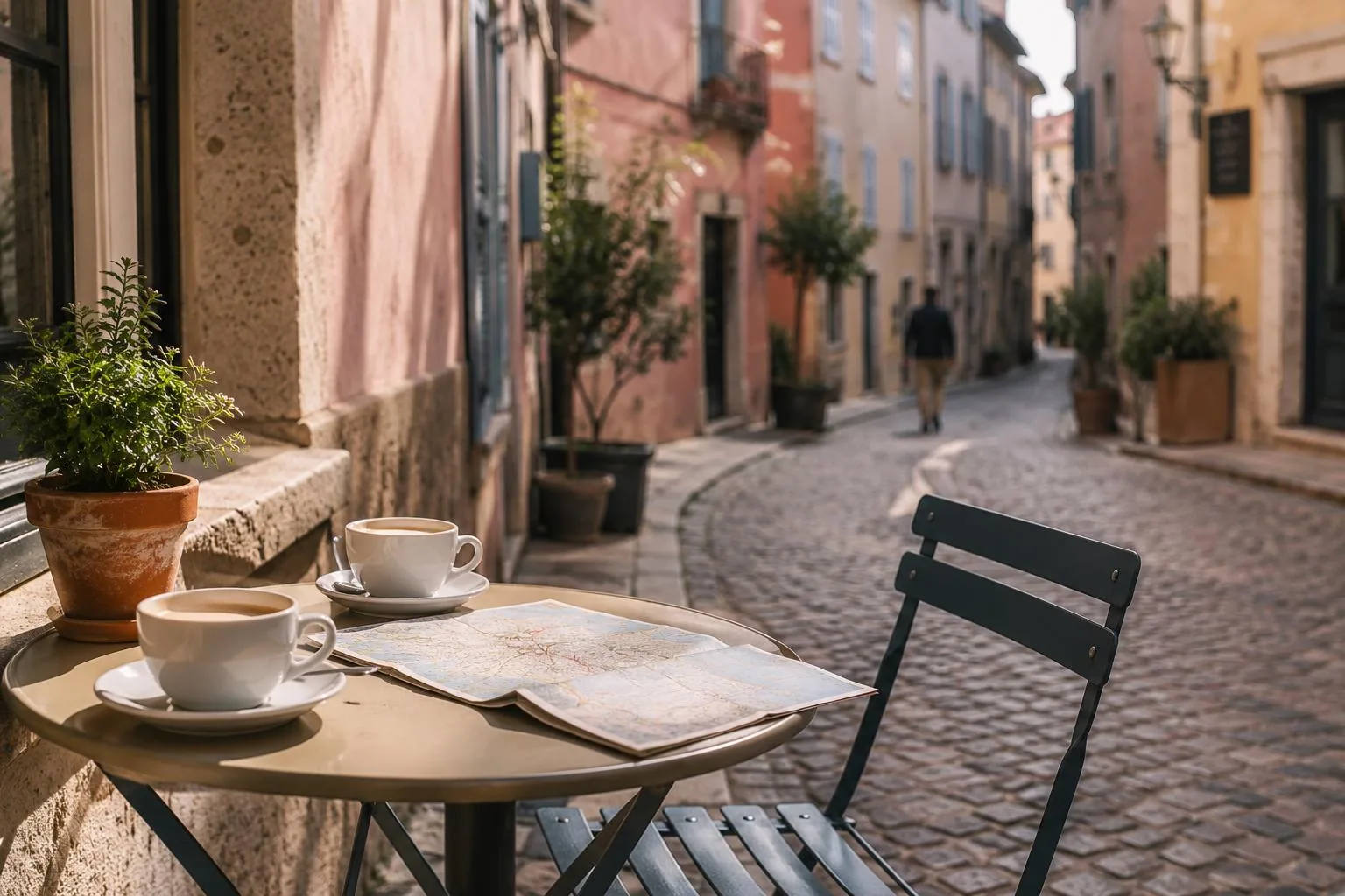Quiet European cafe terrace on a relaxed morning