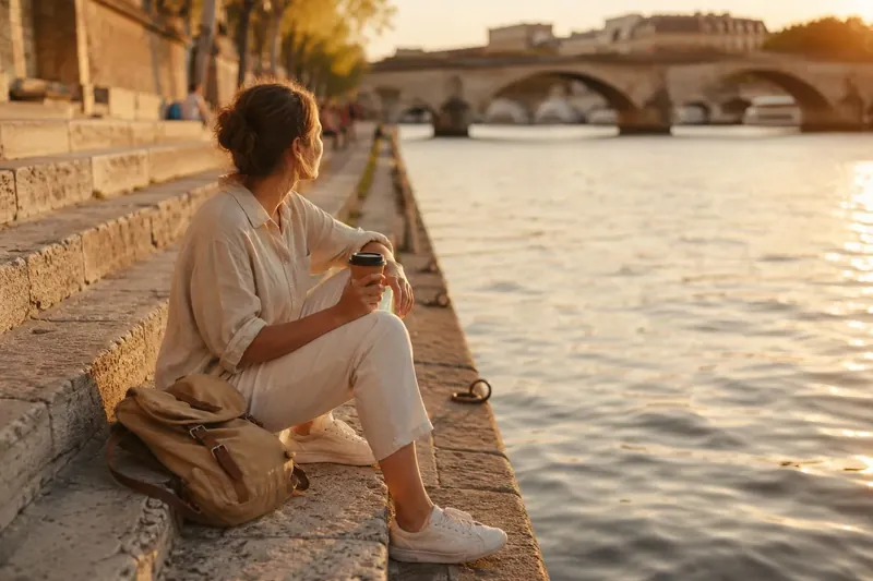 A traveller relaxing by a European riverside at golden hour