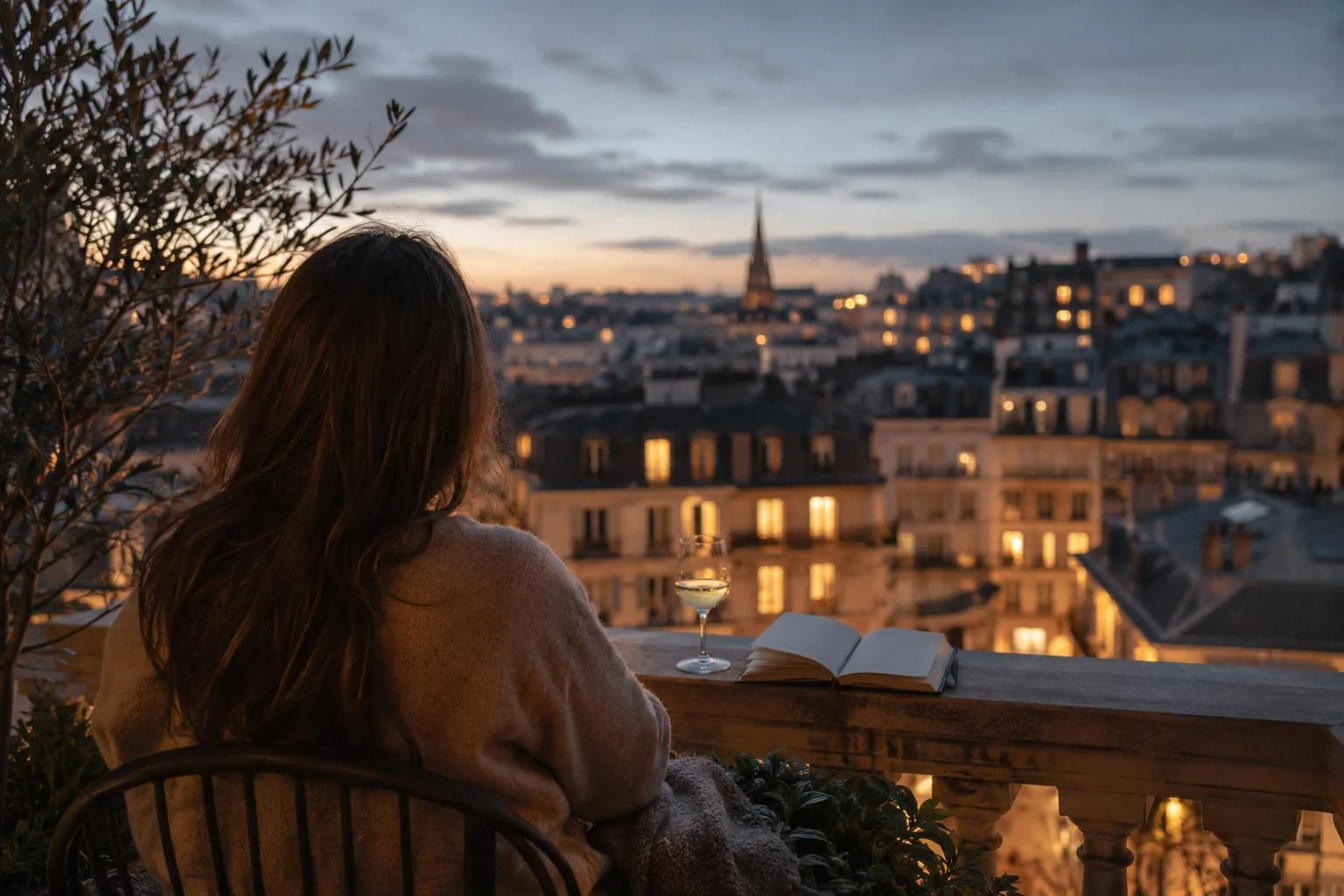 Traveller on a hotel balcony overlooking a European city at dusk