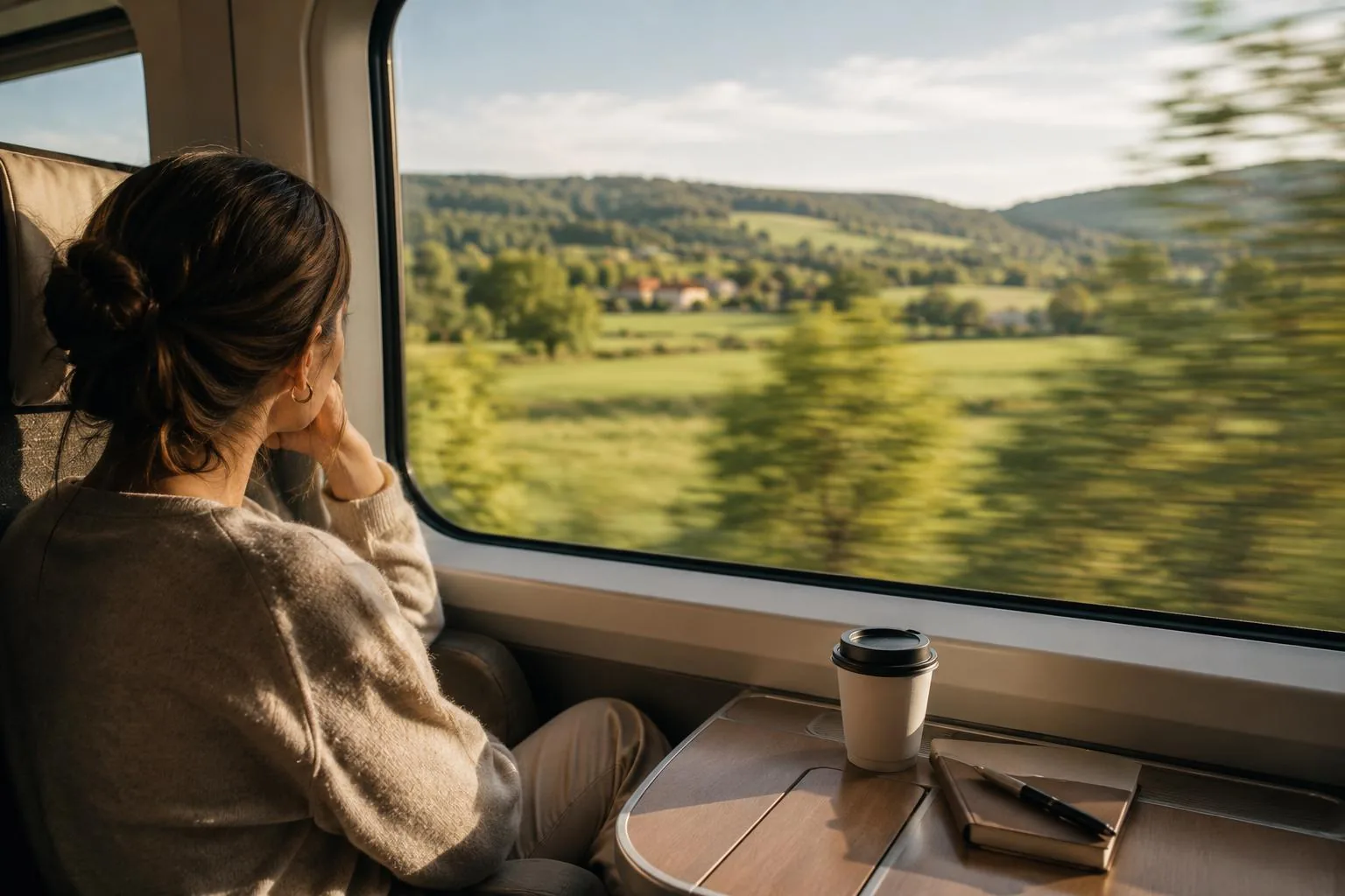 View of the European countryside passing from a high-speed train window