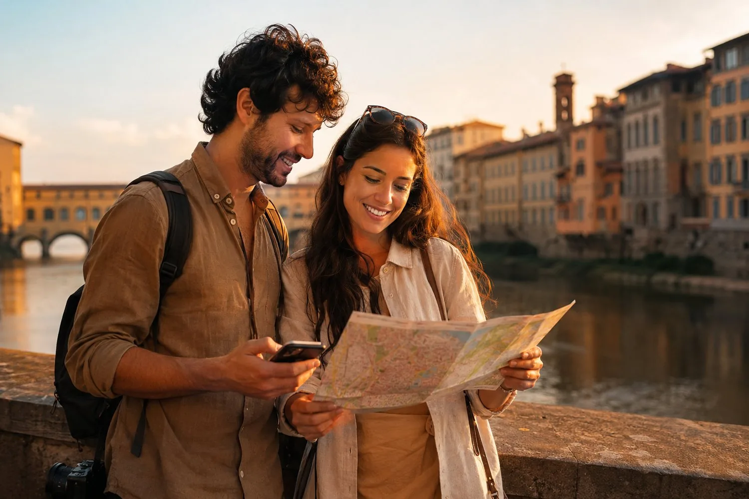 Couple checking a map in Florence at sunset