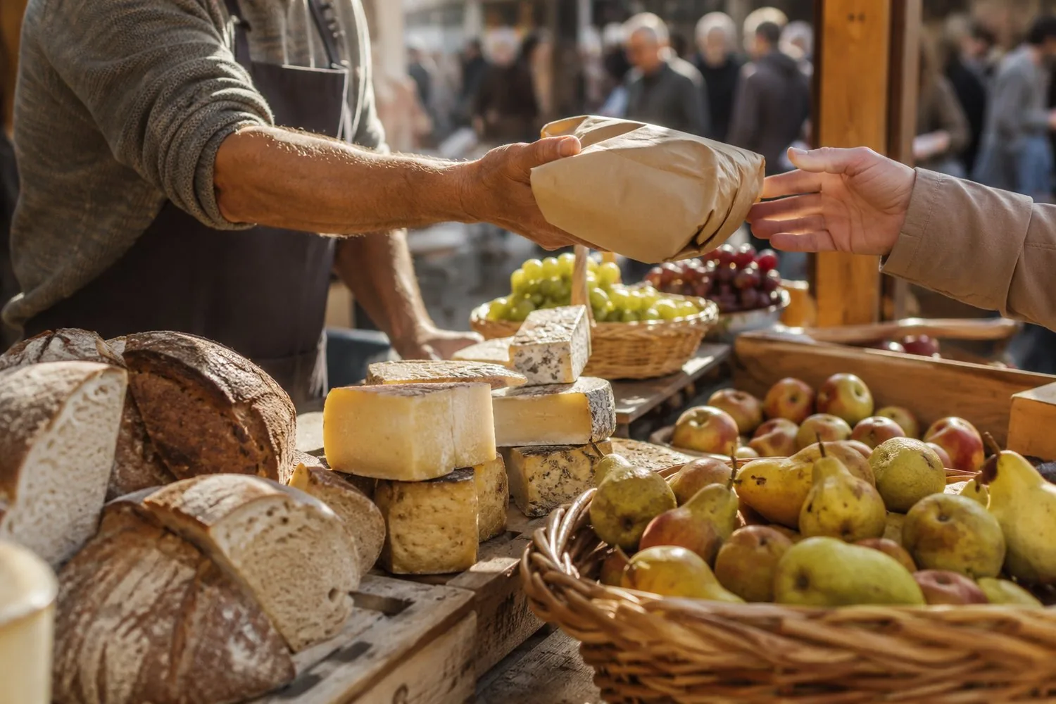 Local market stall with fresh bread and cheese