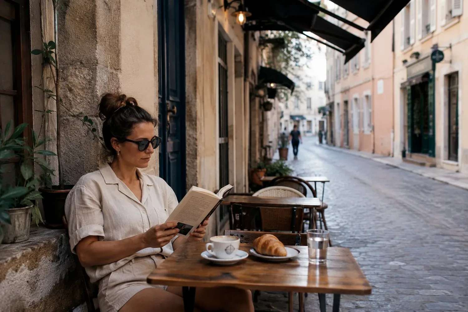 Traveller reading at a cafe on a quiet European street