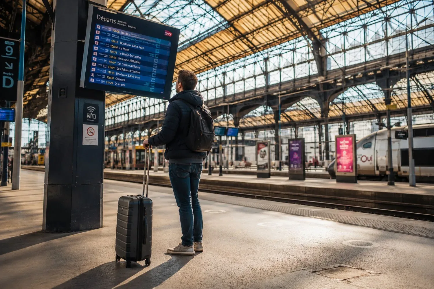 Traveller checking the departures board at a train station