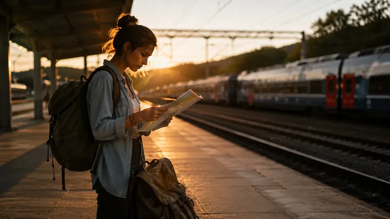 A backpacker with a rucksack on a European railway station platform at golden hour, ready for a first Europe backpacking trip.
