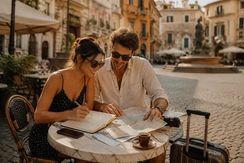 Couple with a map at a sunny European piazza café