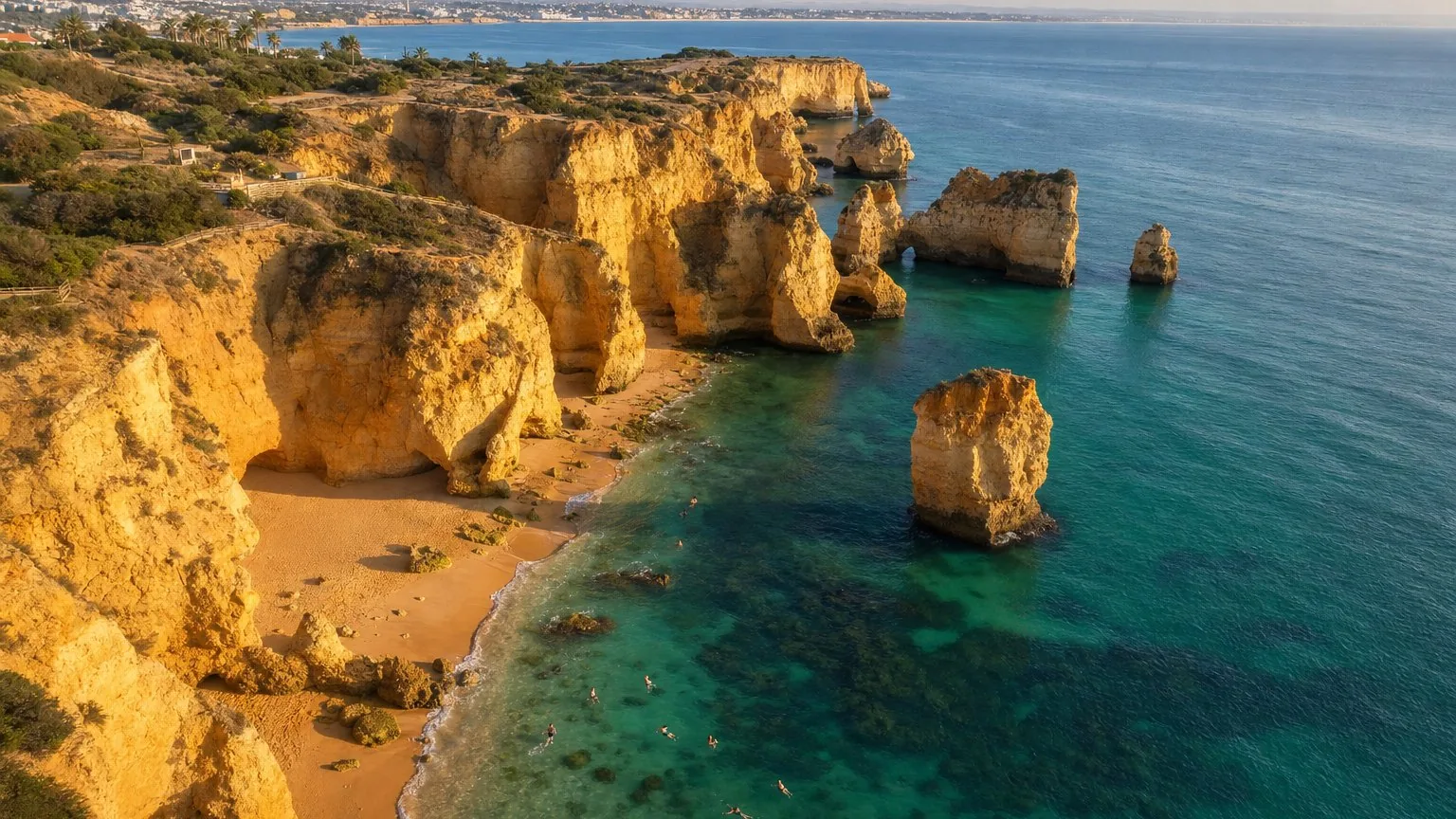 Aerial view of limestone cliffs and turquoise water on Portugal's Algarve coast