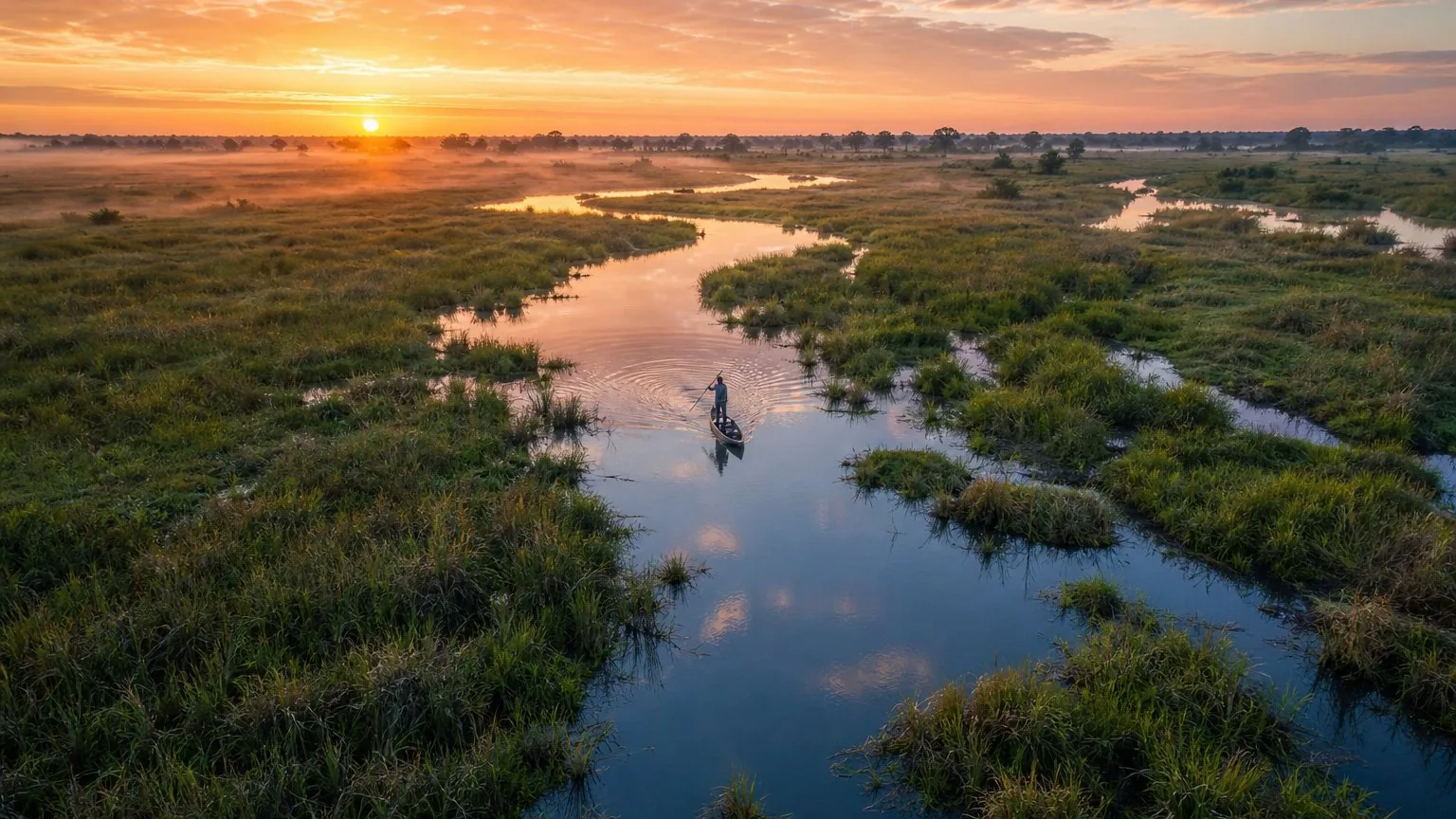 Aerial view of Okavango Delta waterways at sunrise