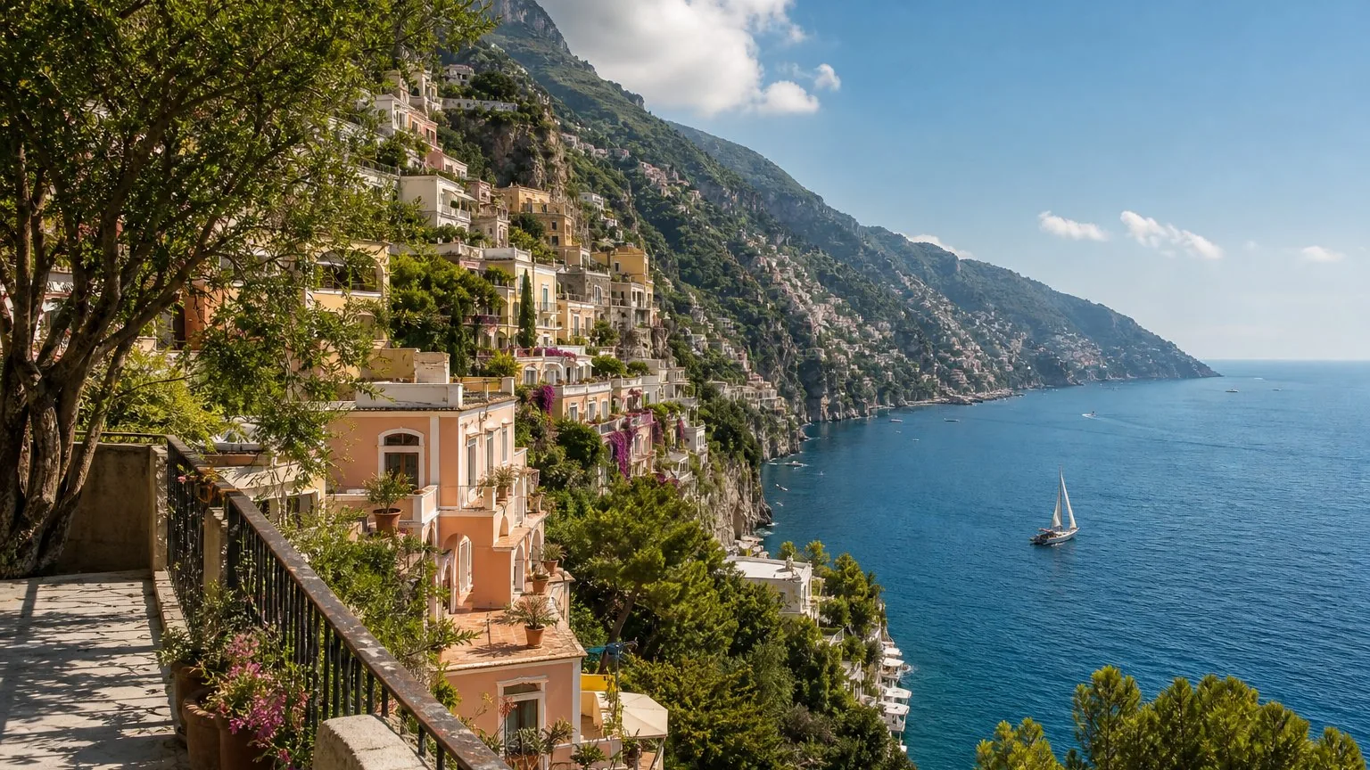 Amalfi Coast cliffside town under bright July sun