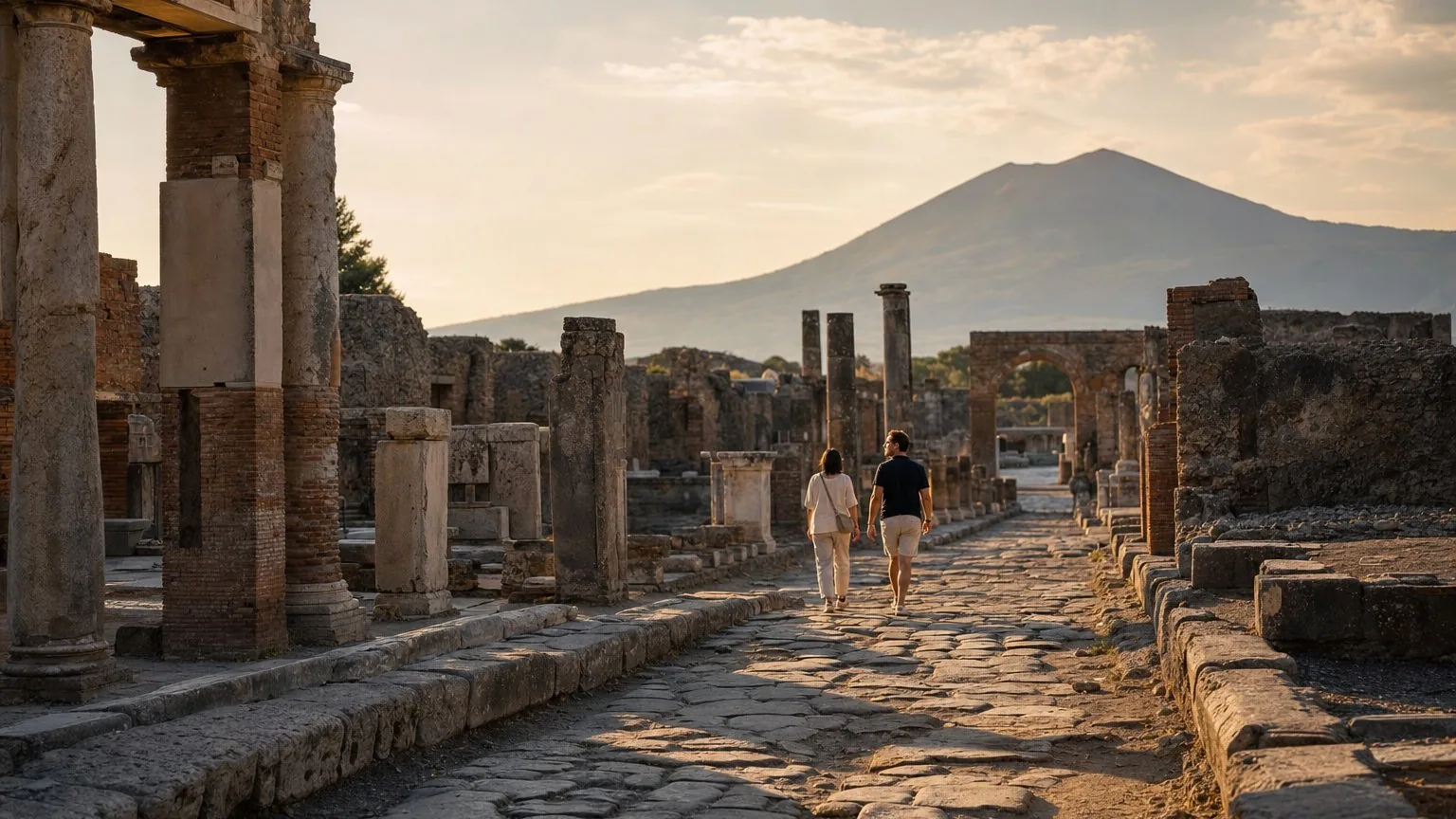 Ancient stone ruins below a volcano at golden hour