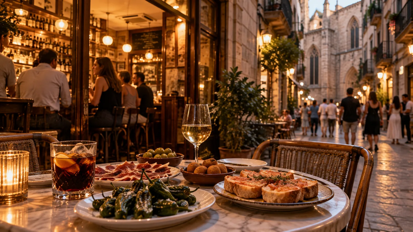 An evening tapas spread on a marble table outside a Barcelona bar — cured ham, padrón peppers, croquettes, tomato-rubbed bread, olives, vermouth and a glass of white wine — with the lit bar behind and a narrow old-town street beyond
