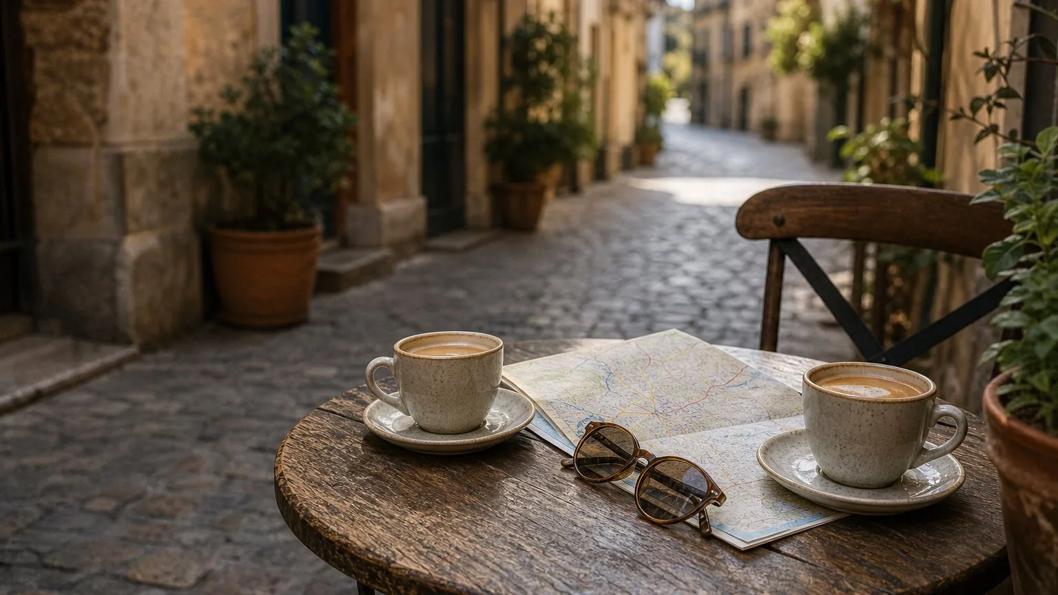 Cafe table with coffee and a folded map on a cobbled street