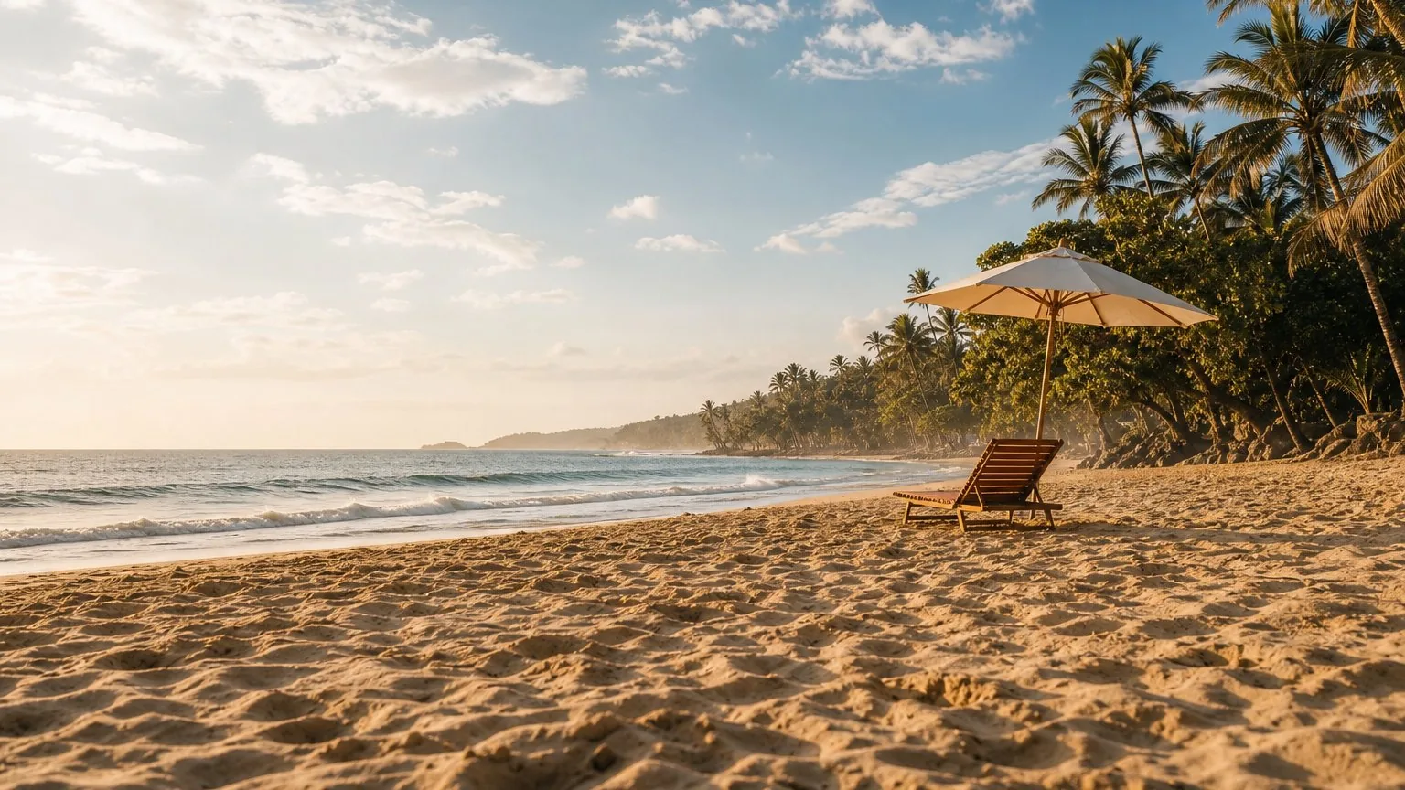 Calm dry-season Pacific beach with a wooden chair representing quiet January coastlines