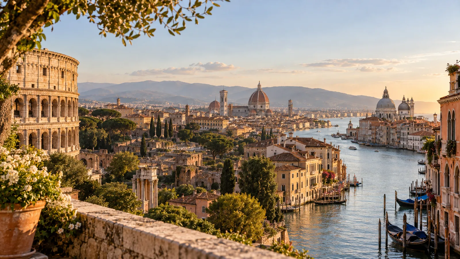 Italian landmarks at golden hour: the Colosseum, Florence's Duomo and the Grand Canal in one composed skyline