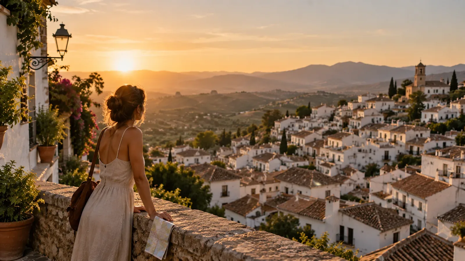 Traveller overlooking a whitewashed Andalusian hillside town at golden hour
