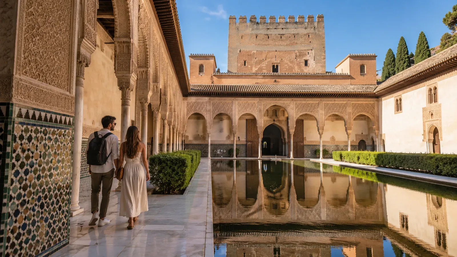 Couple walking through a Nasrid Palace courtyard at the Alhambra in Granada