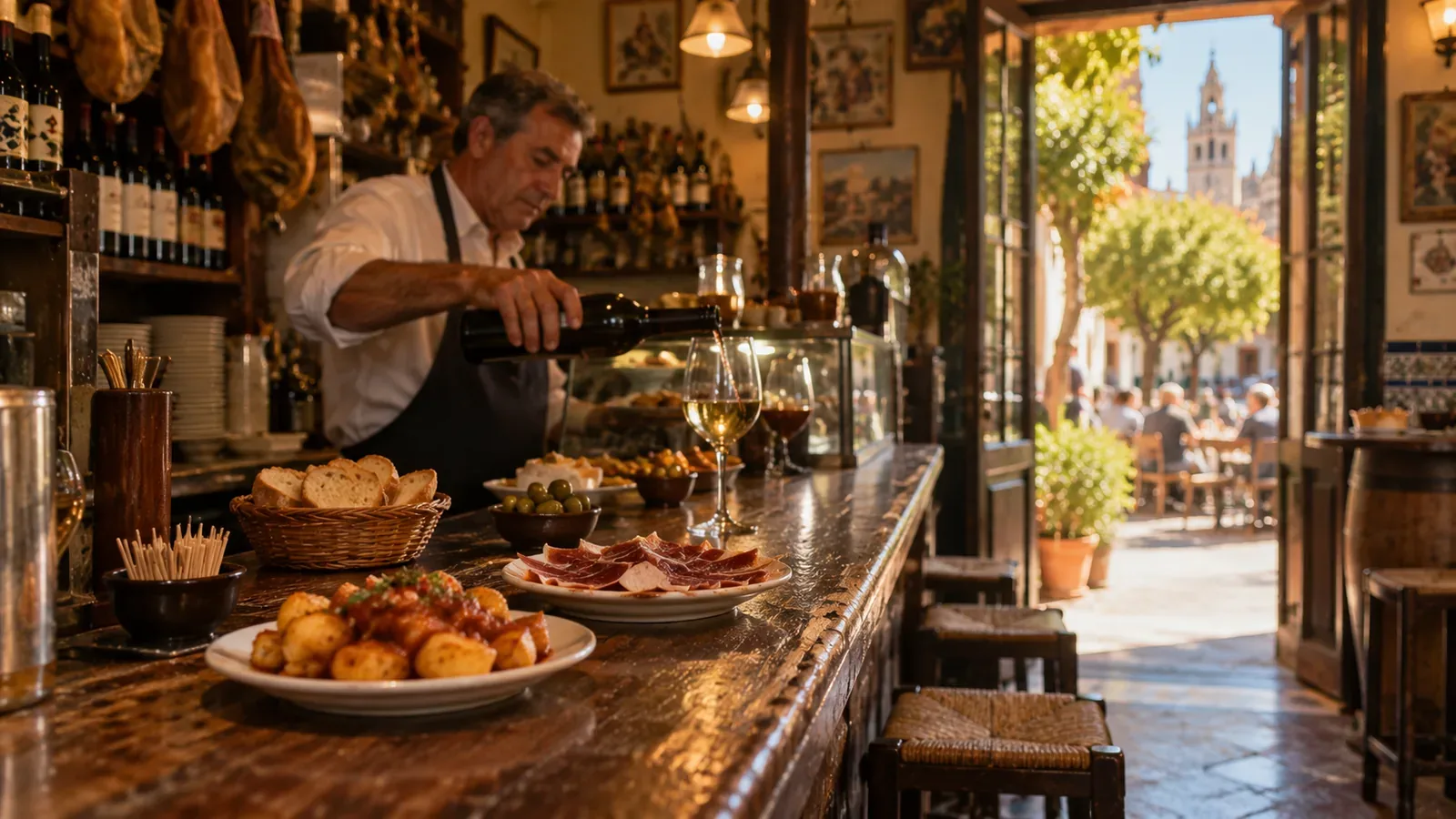 Bartender serving tapas at a neighbourhood bar in Seville at midday