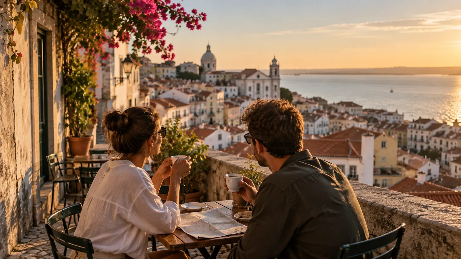 Couple having coffee overlooking Lisbon's Alfama rooftops in late afternoon light