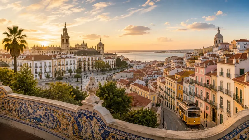 A cathedral tower, terracotta roofs, a yellow tram and a blue-tiled balcony at sunset, evoking Seville and Lisbon