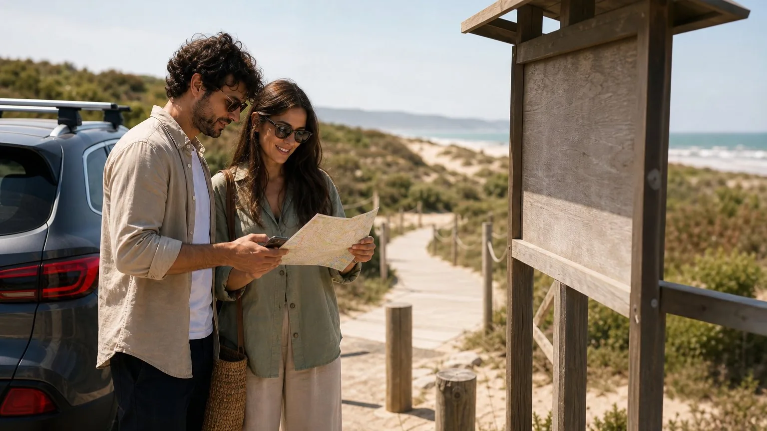 Couple checking directions at a beach car park entrance in Portugal
