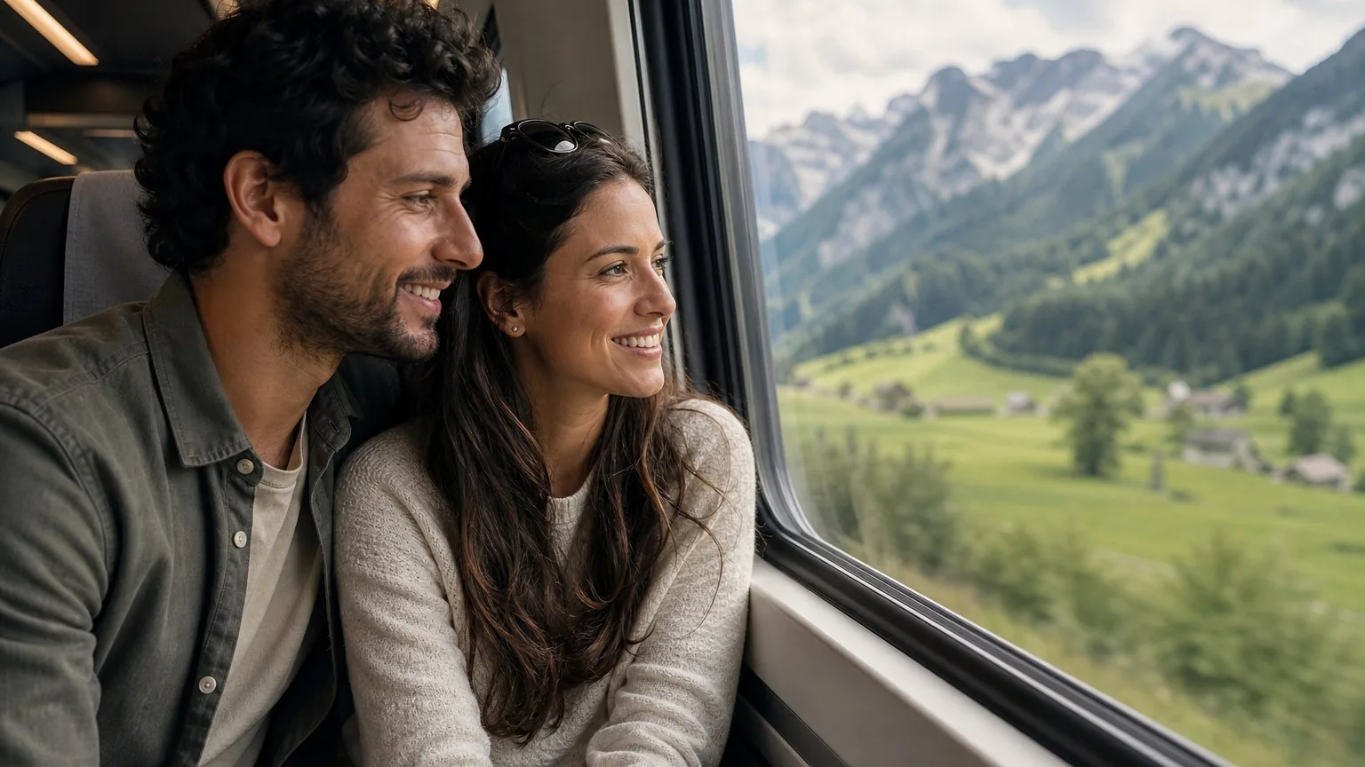 Couple looking out train window at alpine scenery on Italy Switzerland trip