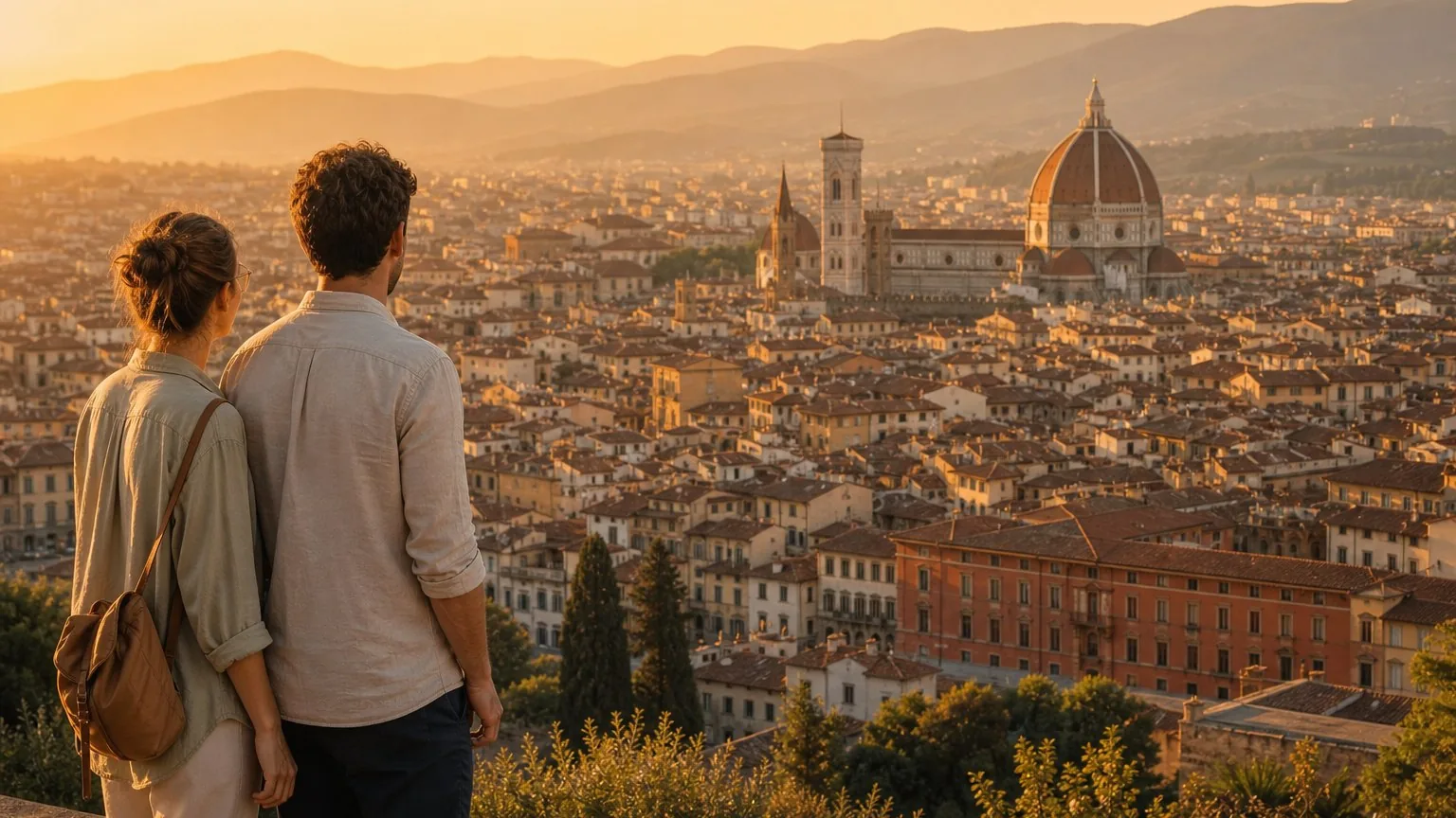Couple overlooking Florence rooftops and the Duomo at golden hour
