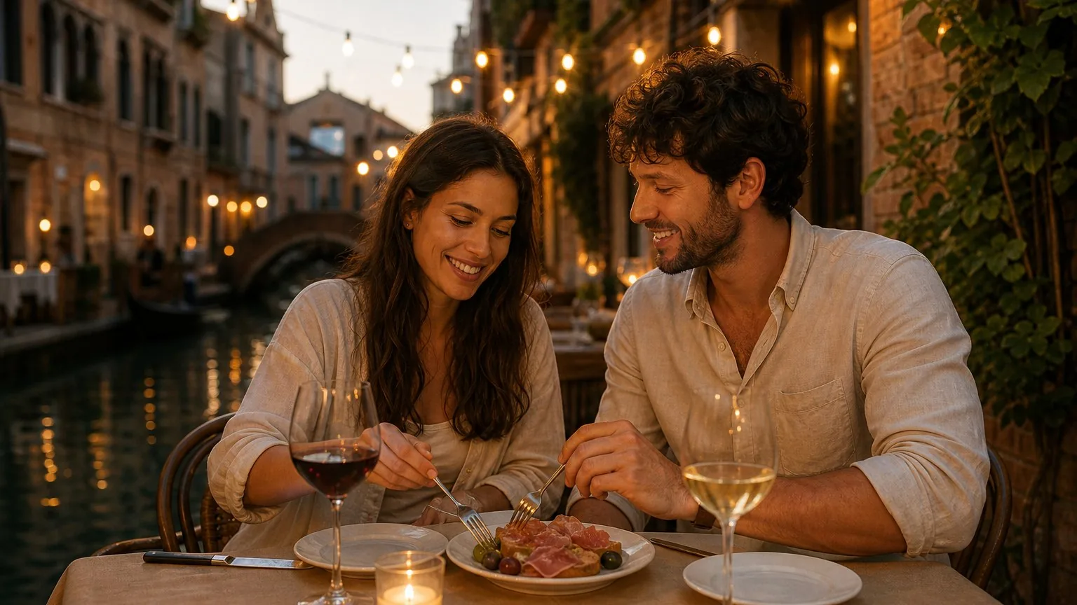 Couple sharing wine at an outdoor trattoria table in Venice at dusk