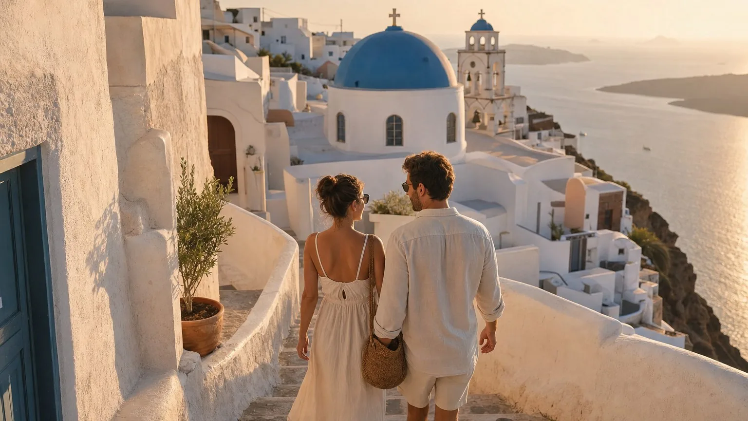 Couple walking a whitewashed lane in a Cycladic island town at sunset