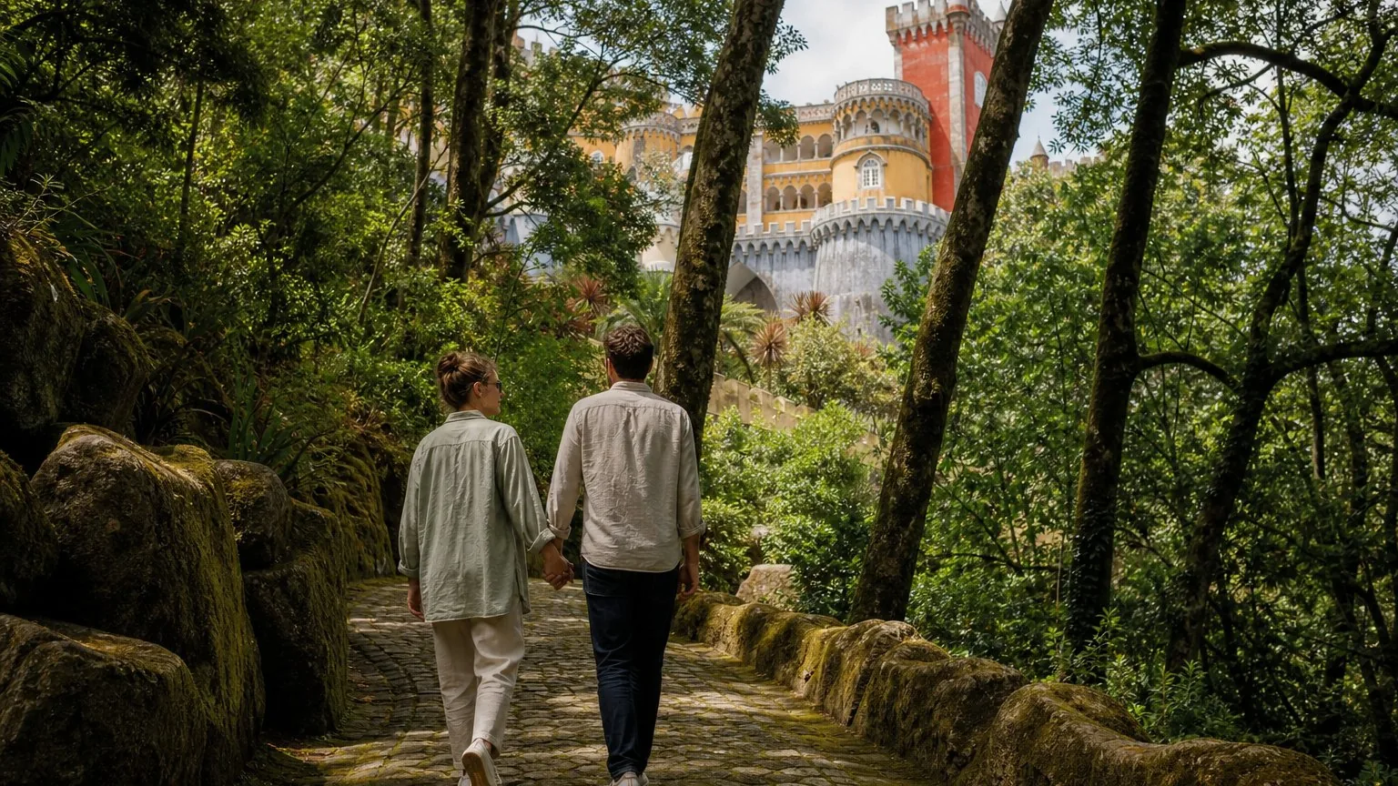Couple walking a wooded path near a hillside palace in Sintra