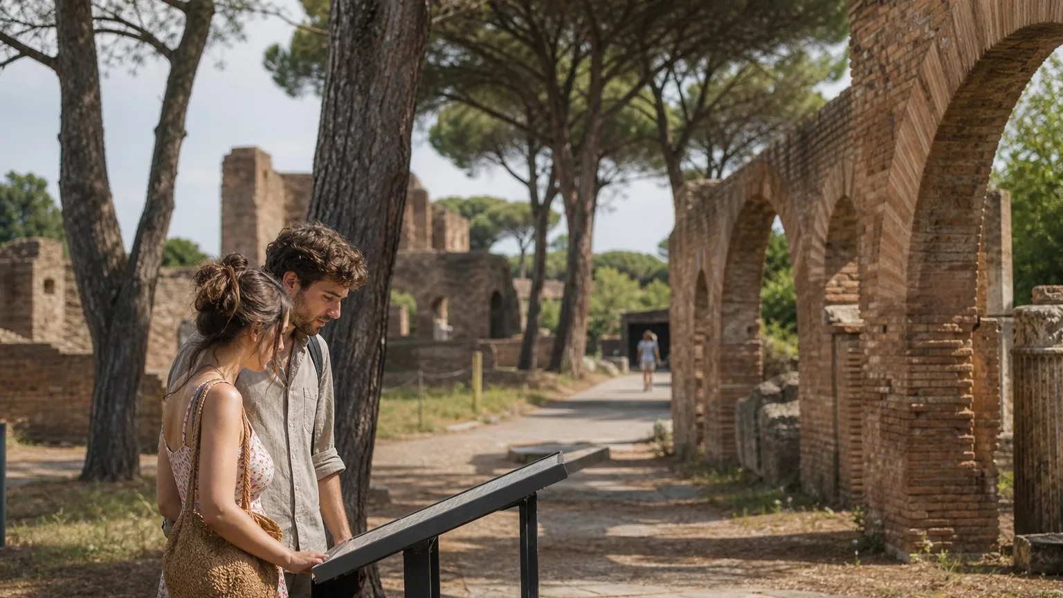 Couple walking among ancient brick ruins on a sunlit archaeological site