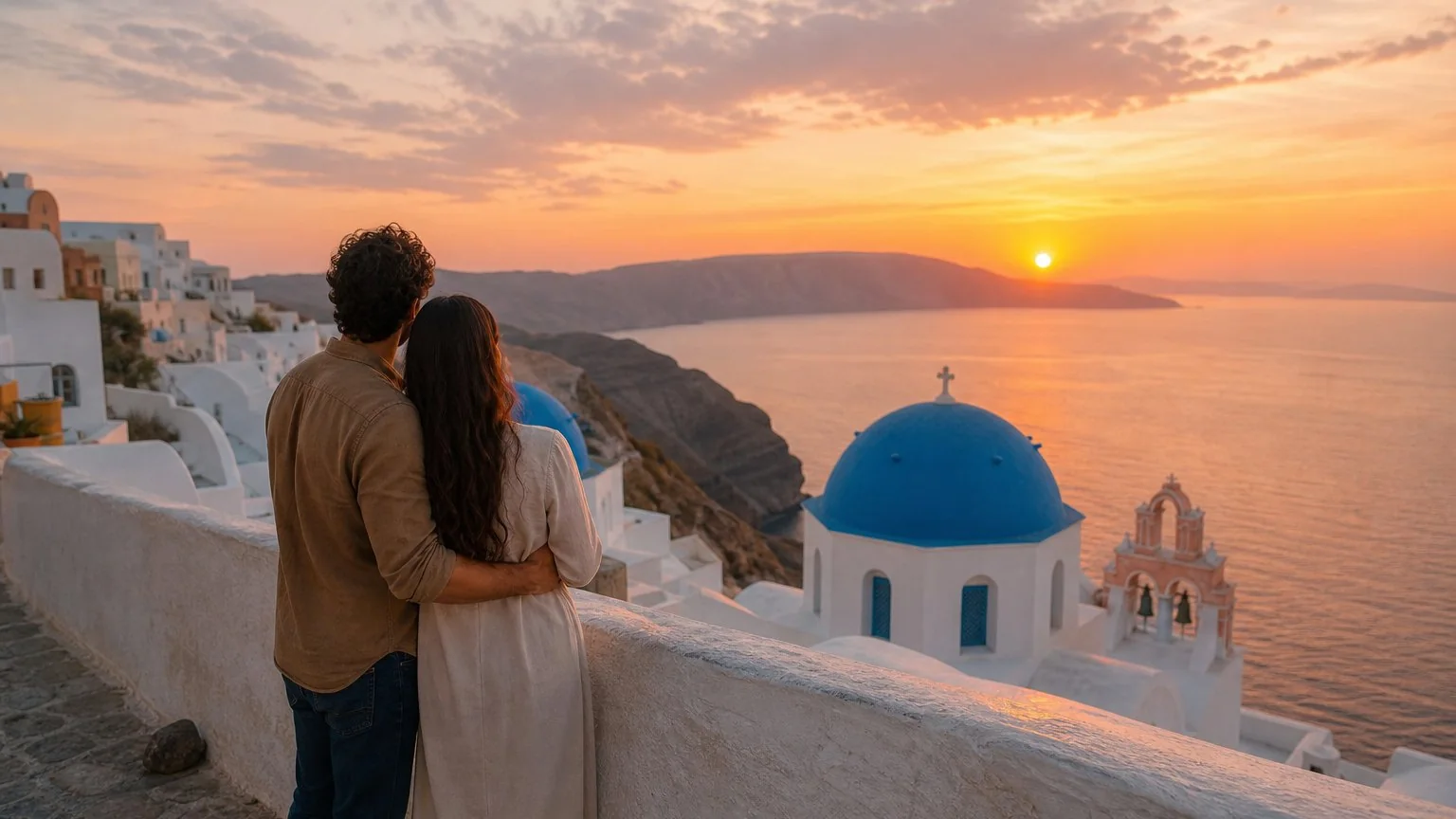 Couple watching the sunset from a caldera viewpoint in Oia
