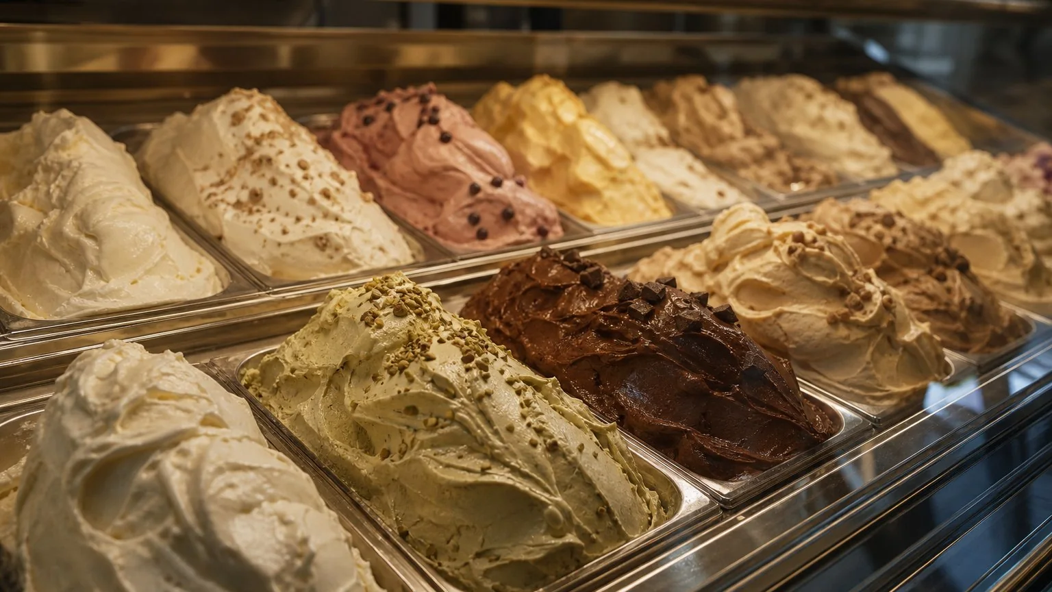 Display case of naturally coloured artisan gelato in soft mounded peaks