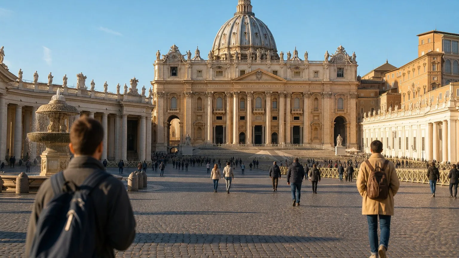 Early morning view of St Peter's Square with few visitors