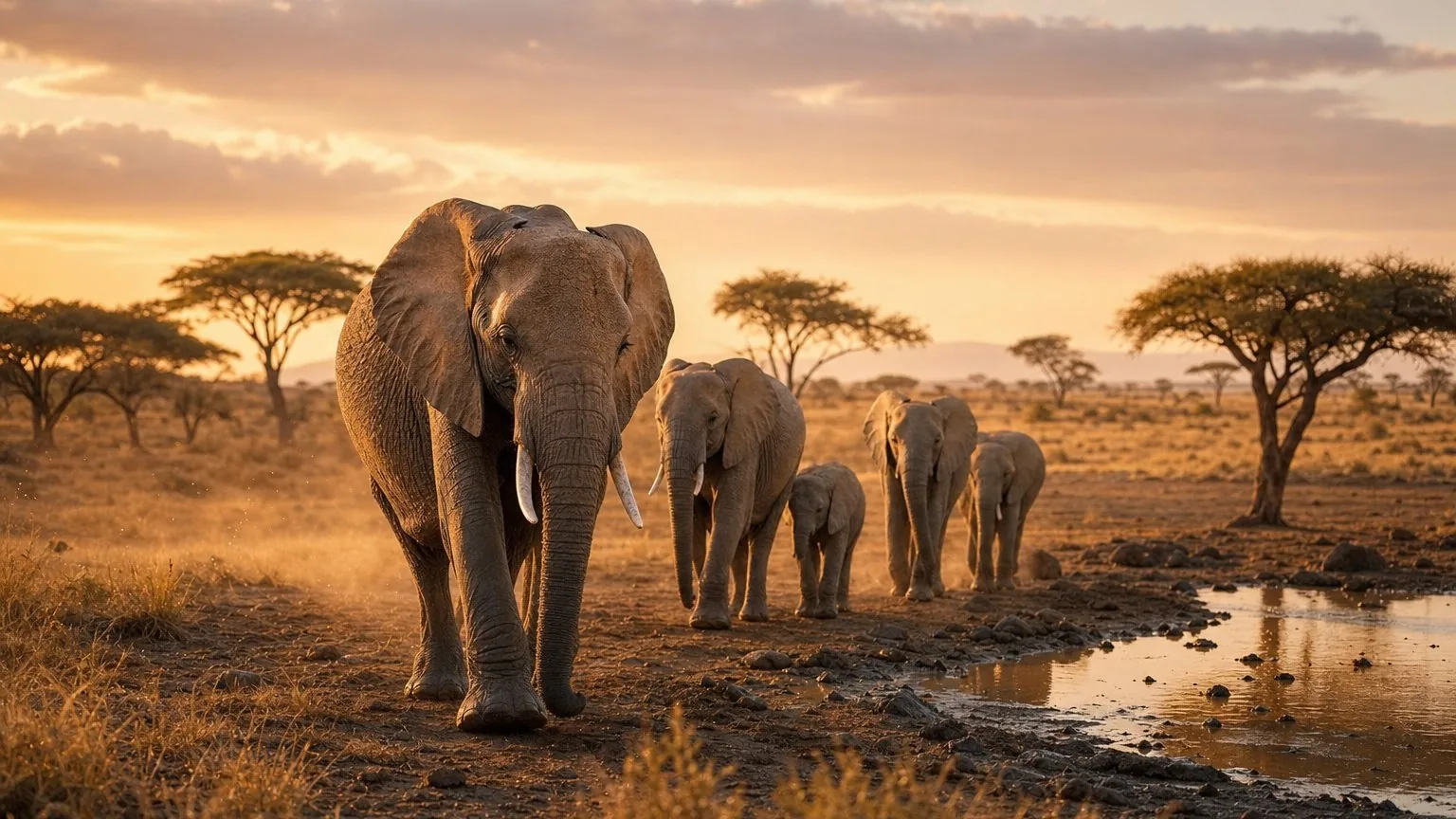 Elephants walking across dry savannah toward a waterhole at golden hour.