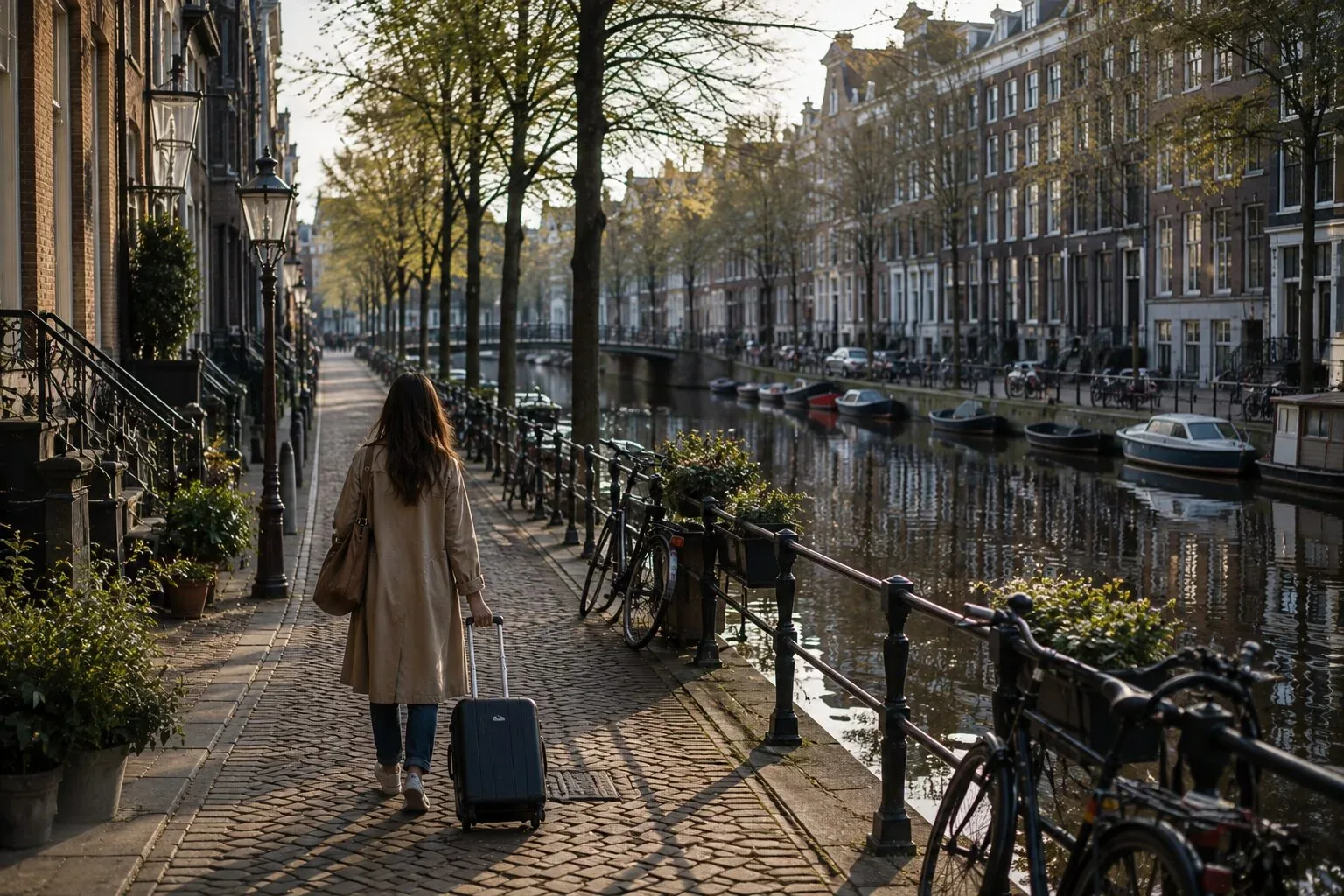 Traveller with a suitcase walking a cobbled Amsterdam canal-side street lined with bikes, boats and gabled houses