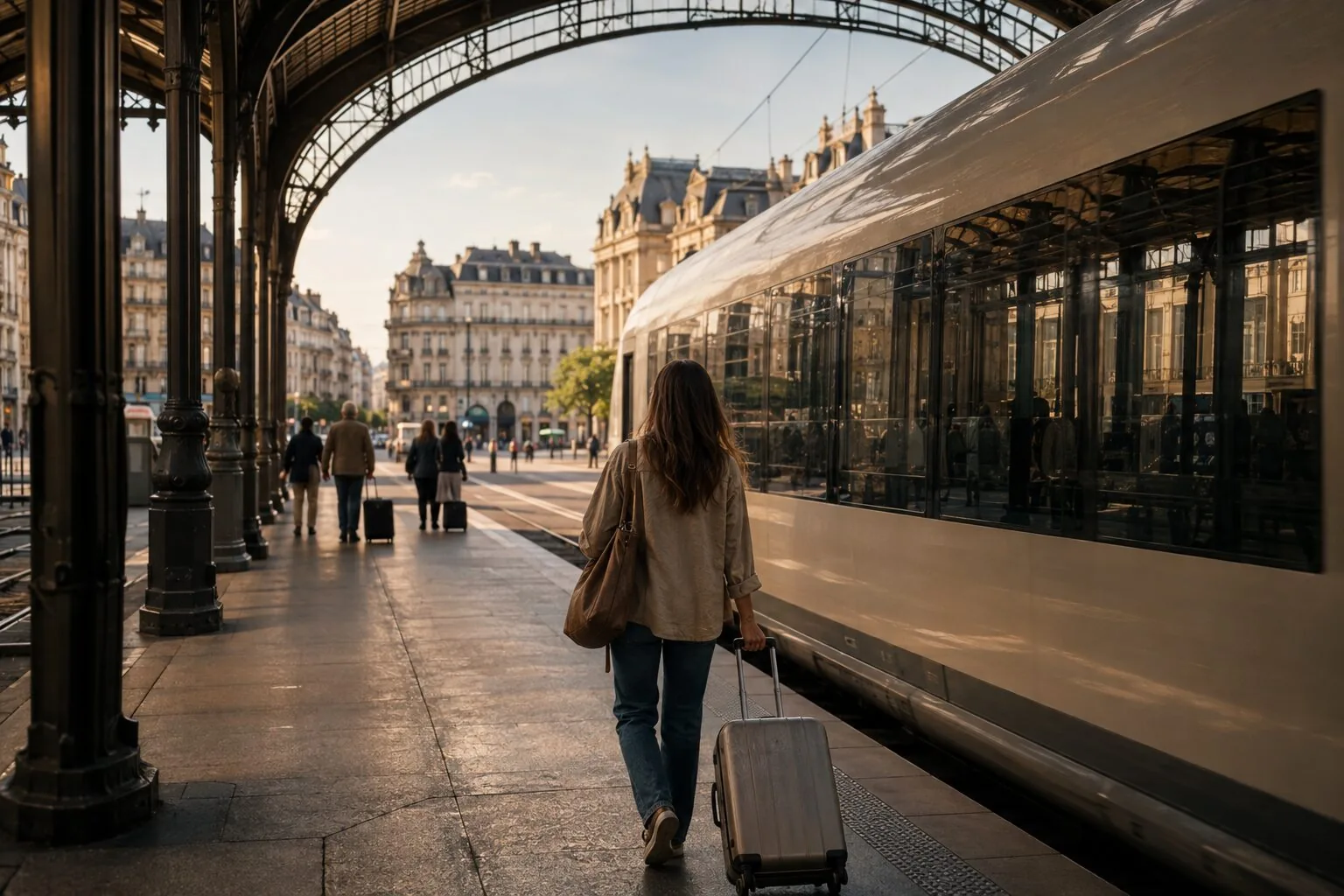 Traveller with a suitcase walking along a grand European station platform beside a high-speed train, city buildings visible beyond the arches
