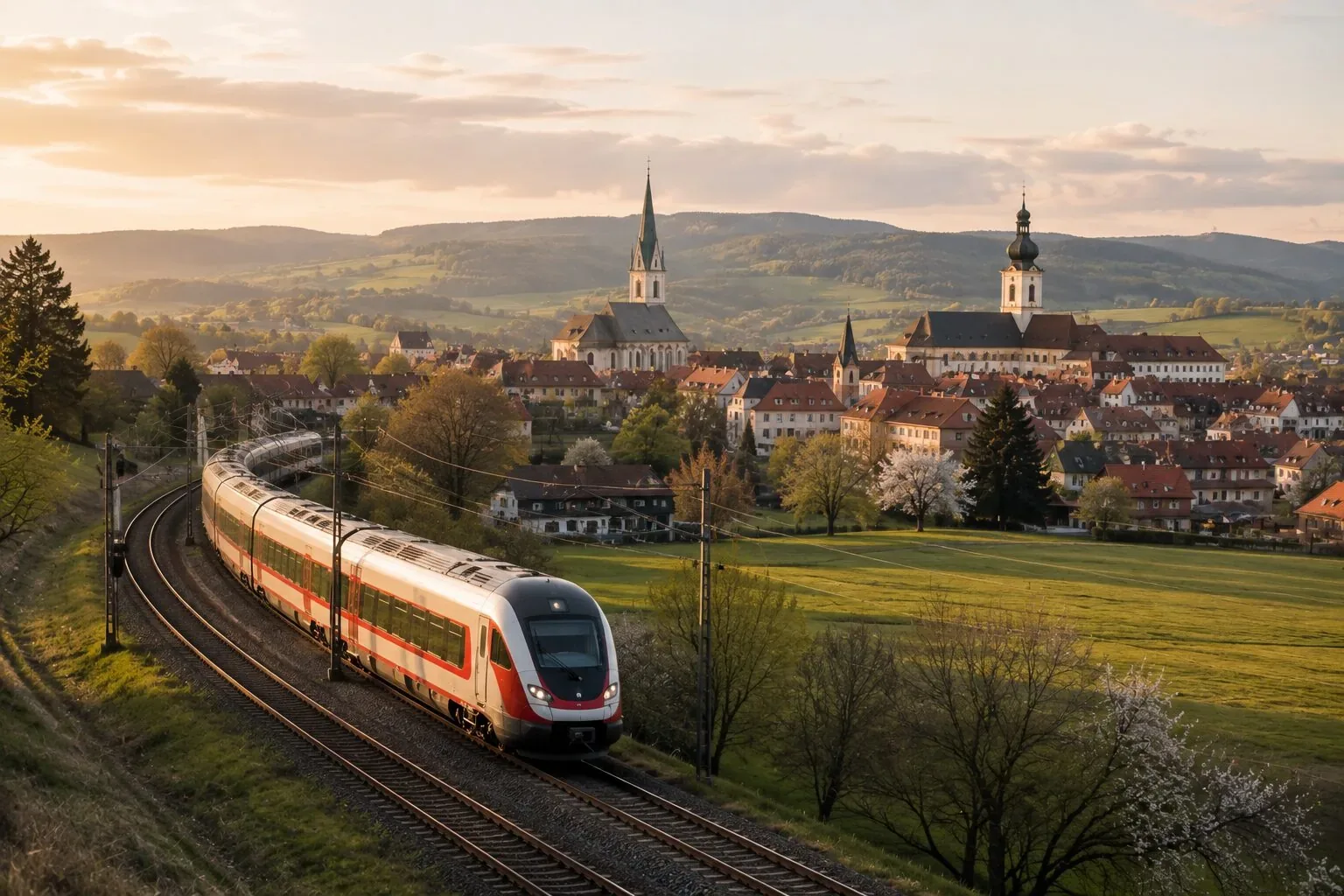 Intercity train curving toward a Central European town with baroque church spires and green hills at golden hour, on the Route 2 rail journey