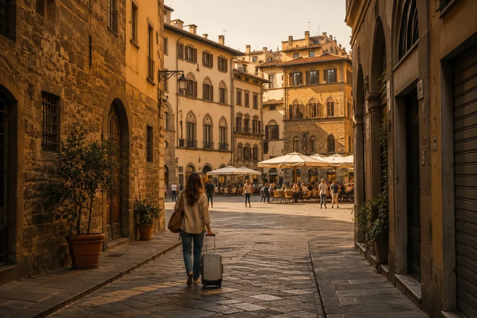 Traveller with a suitcase walking a cobbled Florence street toward a golden-hour piazza with cafe terraces and Renaissance buildings
