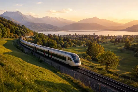 Modern high-speed train curving through a green Alpine valley past a lakeside village at golden hour