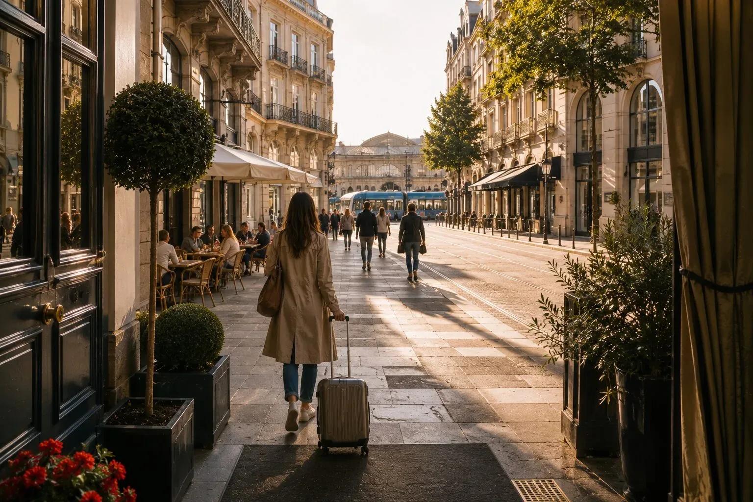 Traveller with a suitcase walking a leafy walkable European boulevard lined with cafe terraces, a railway station at the end of the street