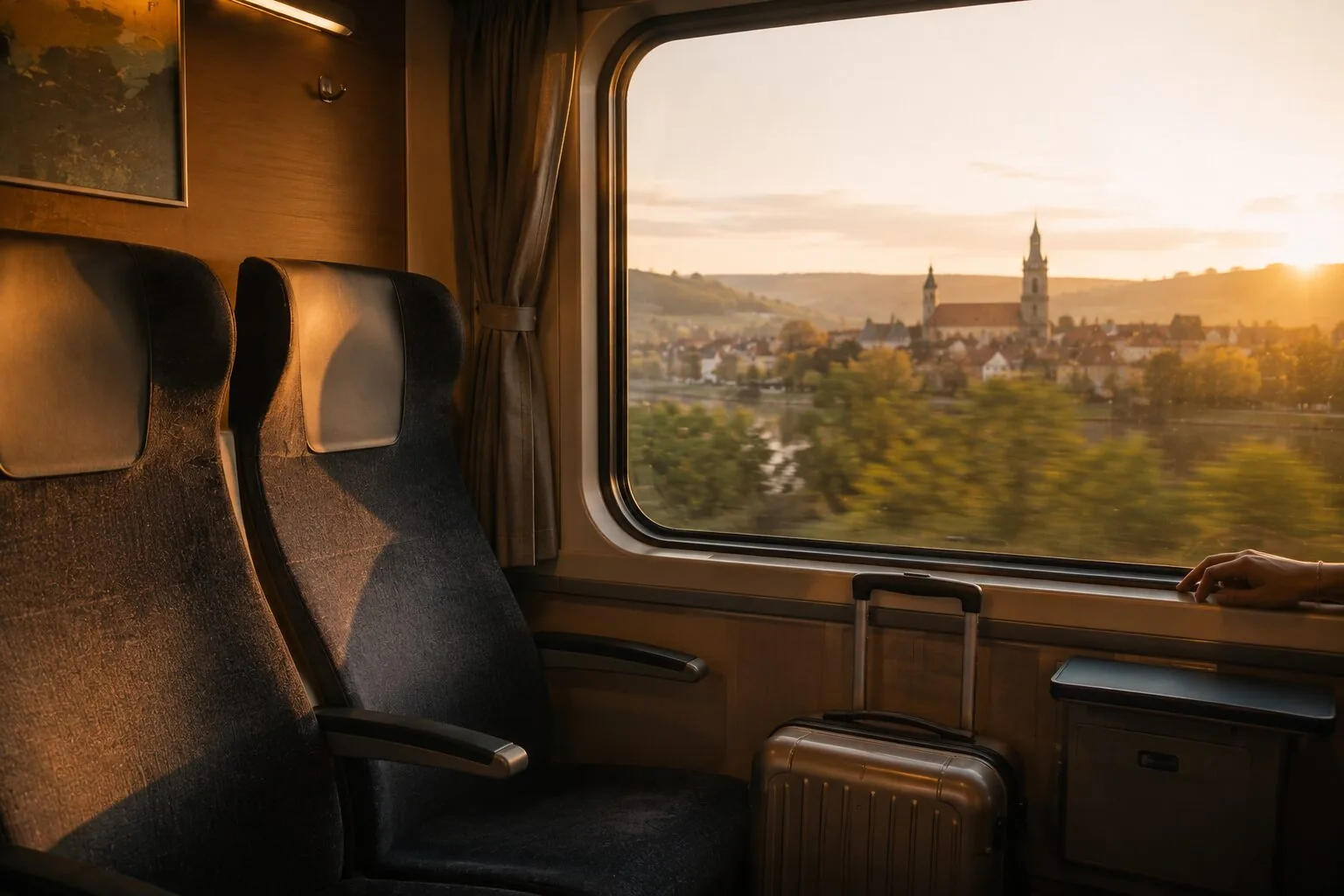 Golden-hour view from inside a European train, seats and a suitcase by the window and a riverside town with church spires drifting past at sunset