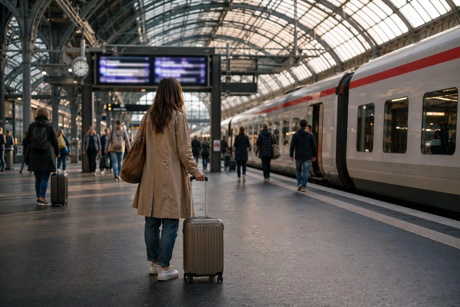 Traveller with a suitcase on a grand European station platform checking the departure board beside an intercity train