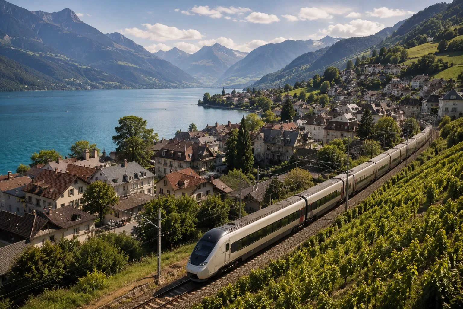High-speed train passing terraced vineyards above a turquoise Alpine lake and village, with mountains beyond — the scenic Switzerland-to-Italy rail journey