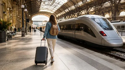 Traveler walking toward a high-speed train on a European station platform.