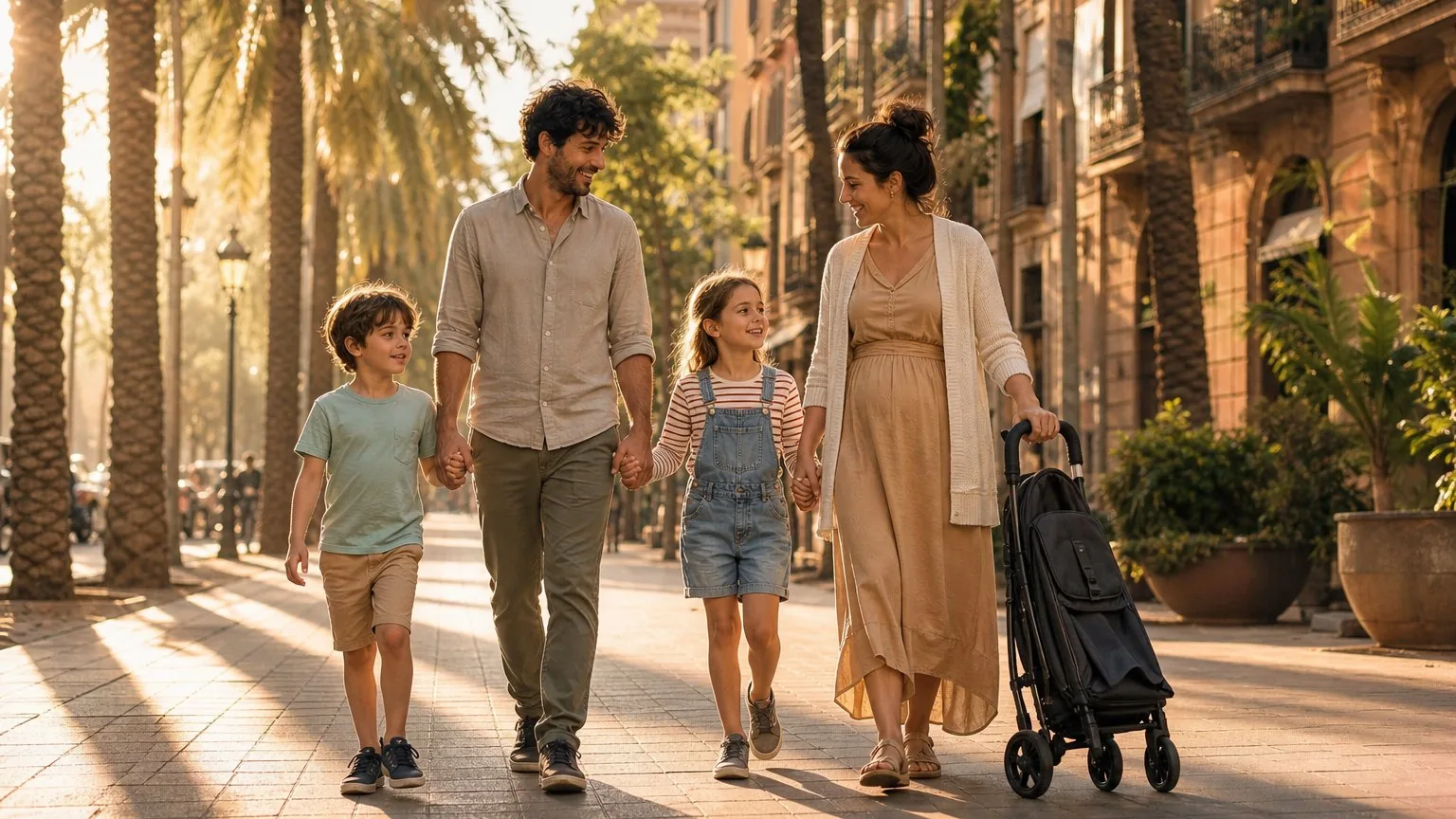 Family of four walking together along a palm-lined Barcelona street at golden hour