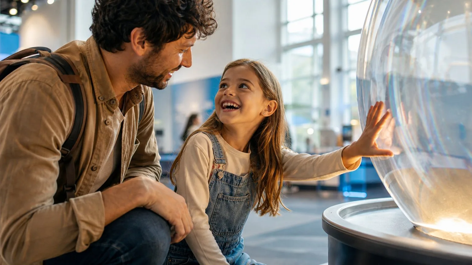 Father and daughter exploring an interactive exhibit at a family science museum