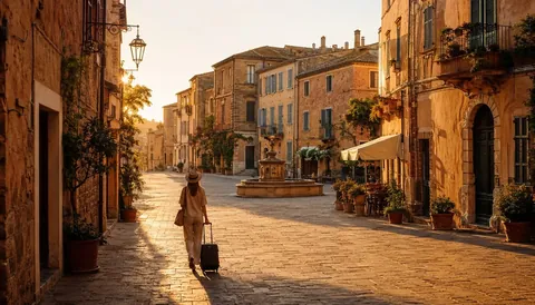A sunlit Italian old-town street at golden hour on a first trip to Europe