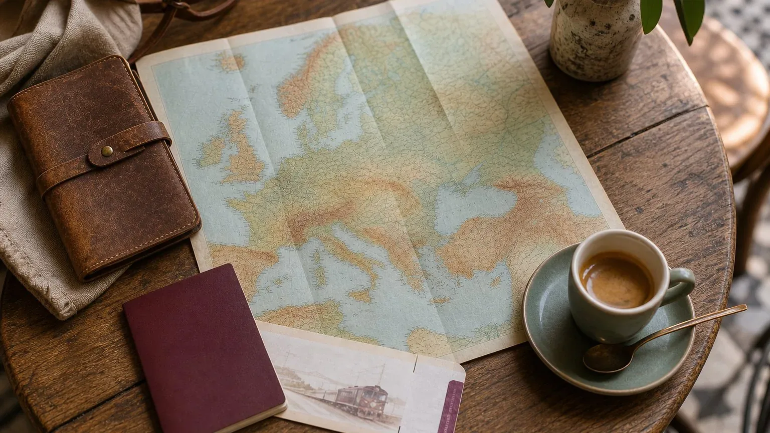 Flat lay of a map, passport and espresso cup on a cafe table in Rome