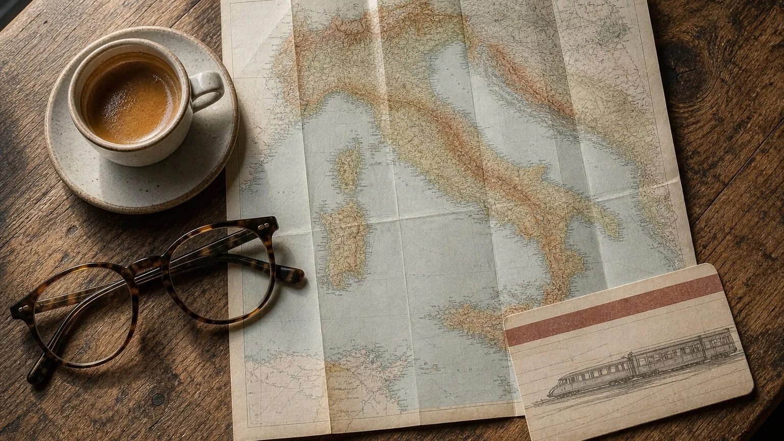 Flat lay of a map, train ticket and espresso cup for Italy trip planning.